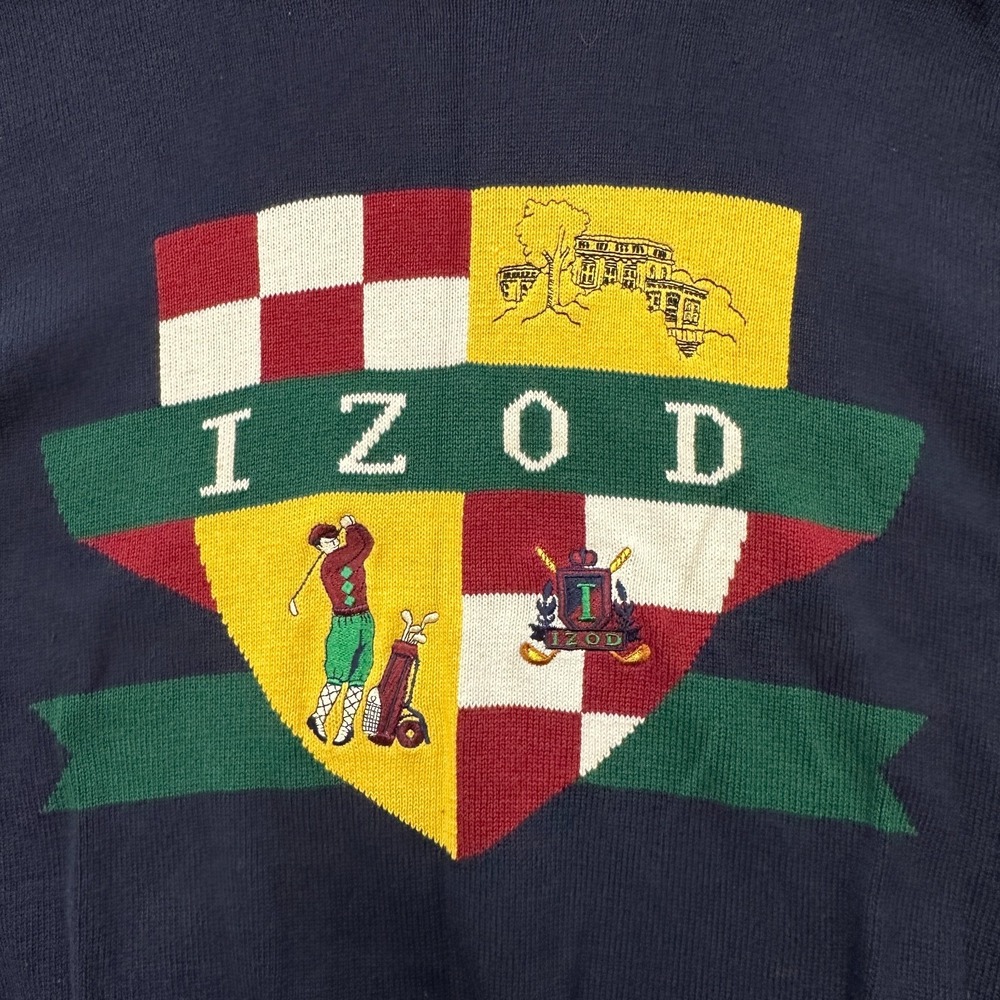 Vintage IZOD Sweater Men's Large Navy Cotton Golf Crest Crewneck 90s Preppy - Picture 3 of 10